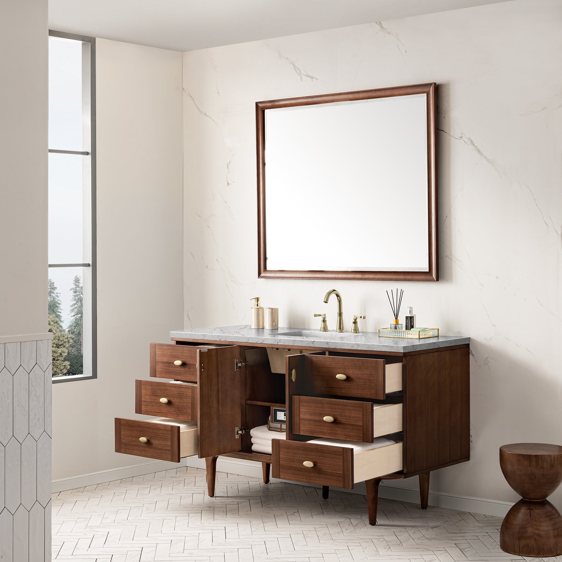 Renovate for Less Atlanta Amberly 60" Single Vanity, Mid-Century Walnut w/ 3 CM Eternal Jasmine Pearl Top w/FreePower Wireless Charger