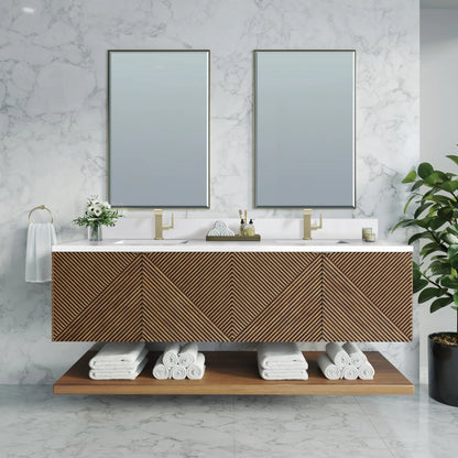 Marcello 72" Double Vanity, Chestnut w/ Single Hole 3 CM White Zeus Top & Backsplash