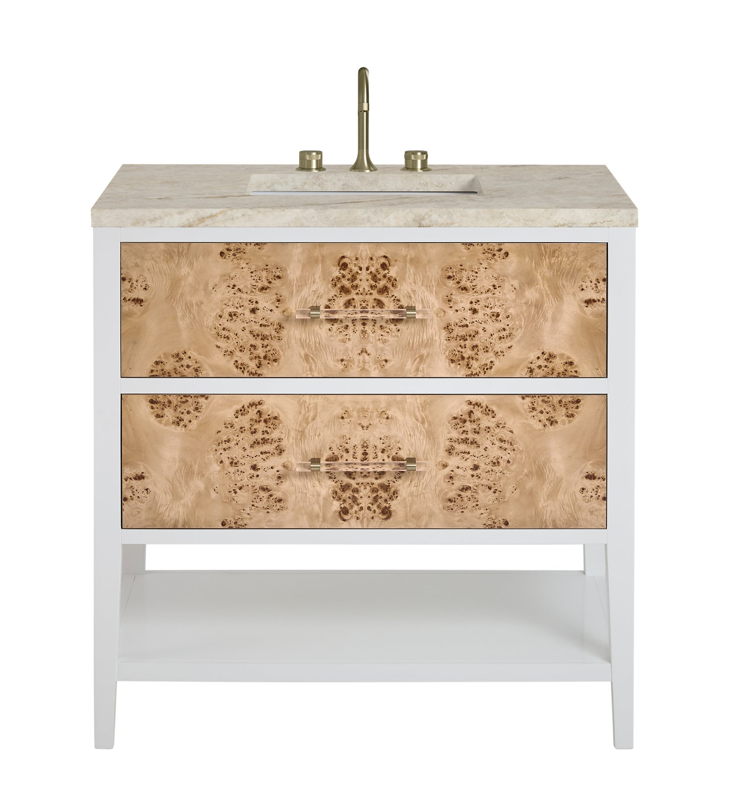 Renovate for Less Atlanta Olena 36" Single Vanity, Light Mappa Burl and Polished White, w/ 3 CM Tajnar Eclos Top