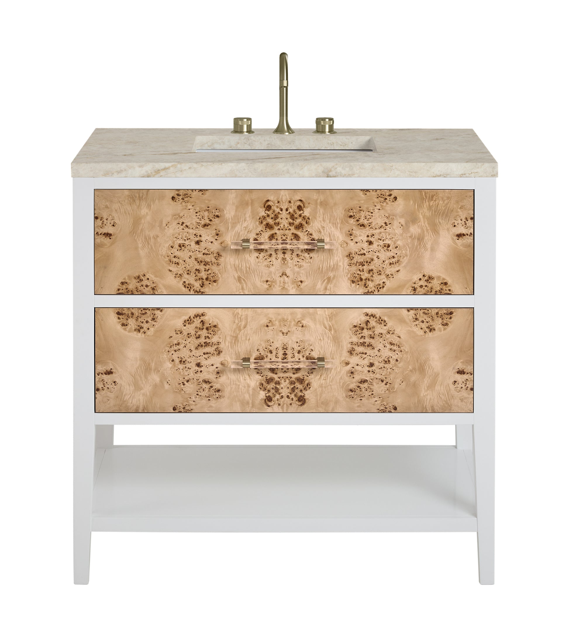 Renovate for Less Atlanta Olena 36" Single Vanity, Light Mappa Burl and Polished White, w/ 3 CM Tajnar Eclos Top