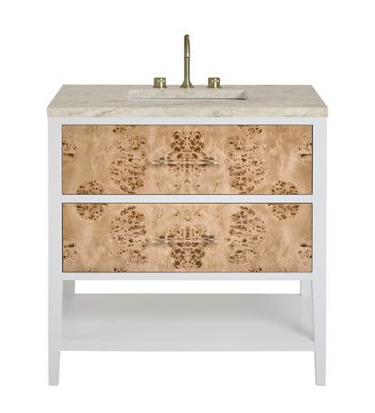 Renovate for Less Atlanta Olena 36" Single Vanity, Light Mappa Burl and Polished White, w/ 3 CM Tajnar Eclos Top