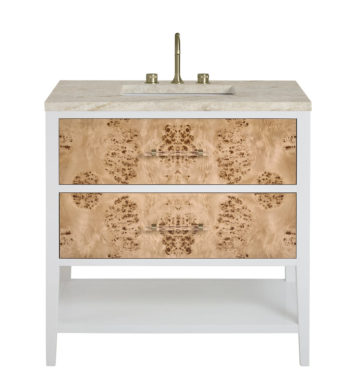 Olena 36" Single Vanity, Light Mappa Burl and Polished White, w/ 3 CM Tajnar Eclos Top