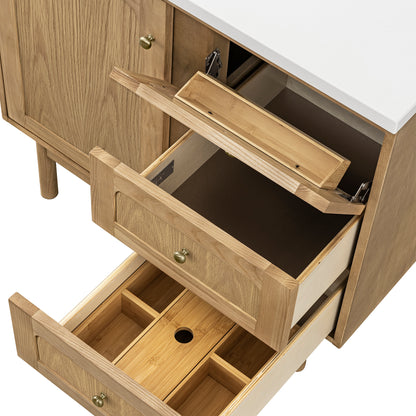 Renovate for Less Atlanta Laurent 36" Single Vanity, Light Natural Oak w/ Single Hole 3 CM White Zeus Top & Backsplash