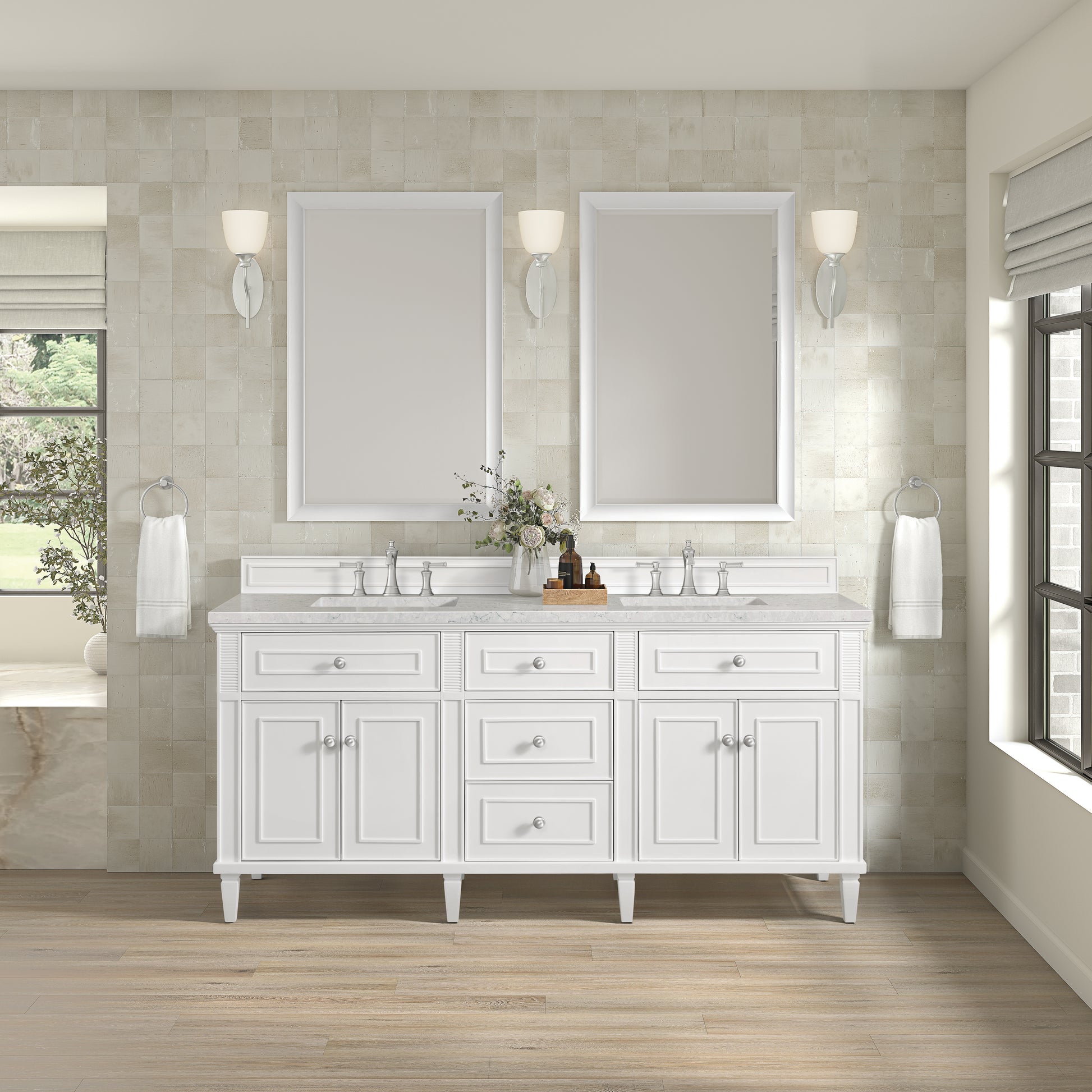 Renovate for Less Atlanta Lorelai 72" Double Vanity, Bright White w/ 3 CM Eternal Jasmine Pearl Silestone Top w/FreePower Wireless Charger