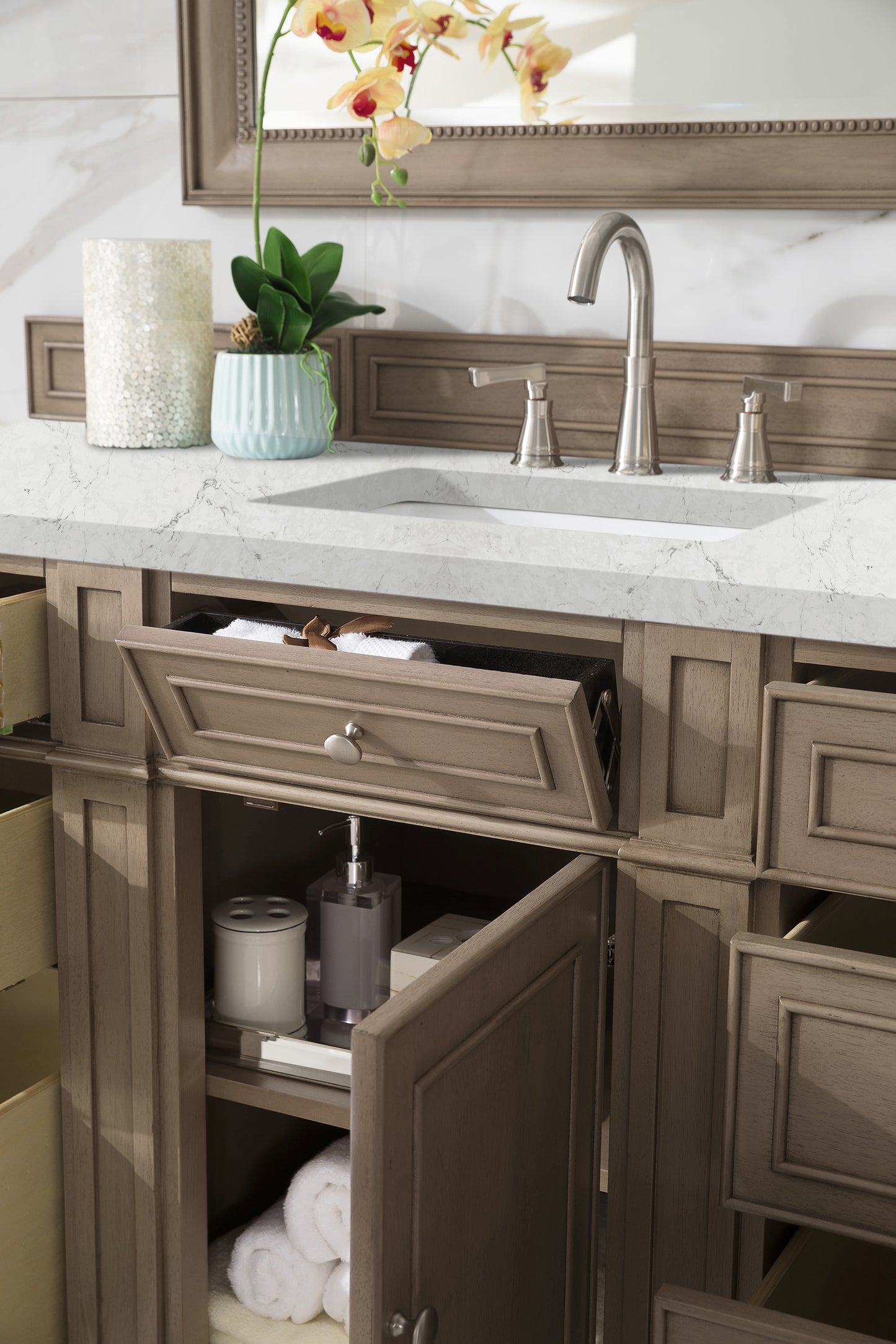 Renovate for Less Atlanta Bristol 60" Single Vanity, Whitewashed Walnut w/ 3 CM Eternal Jasmine Pearl Silestone Top w/FreePower Wireless Charger
