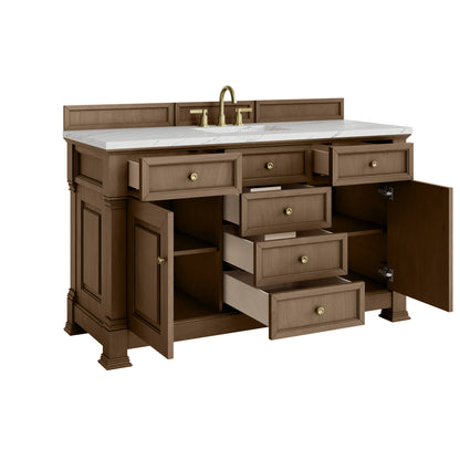 Renovate for Less Atlanta Brookfield 60" Single Vanity, Pecan w/ 3 CM Ethereal Noctis Silestone Top