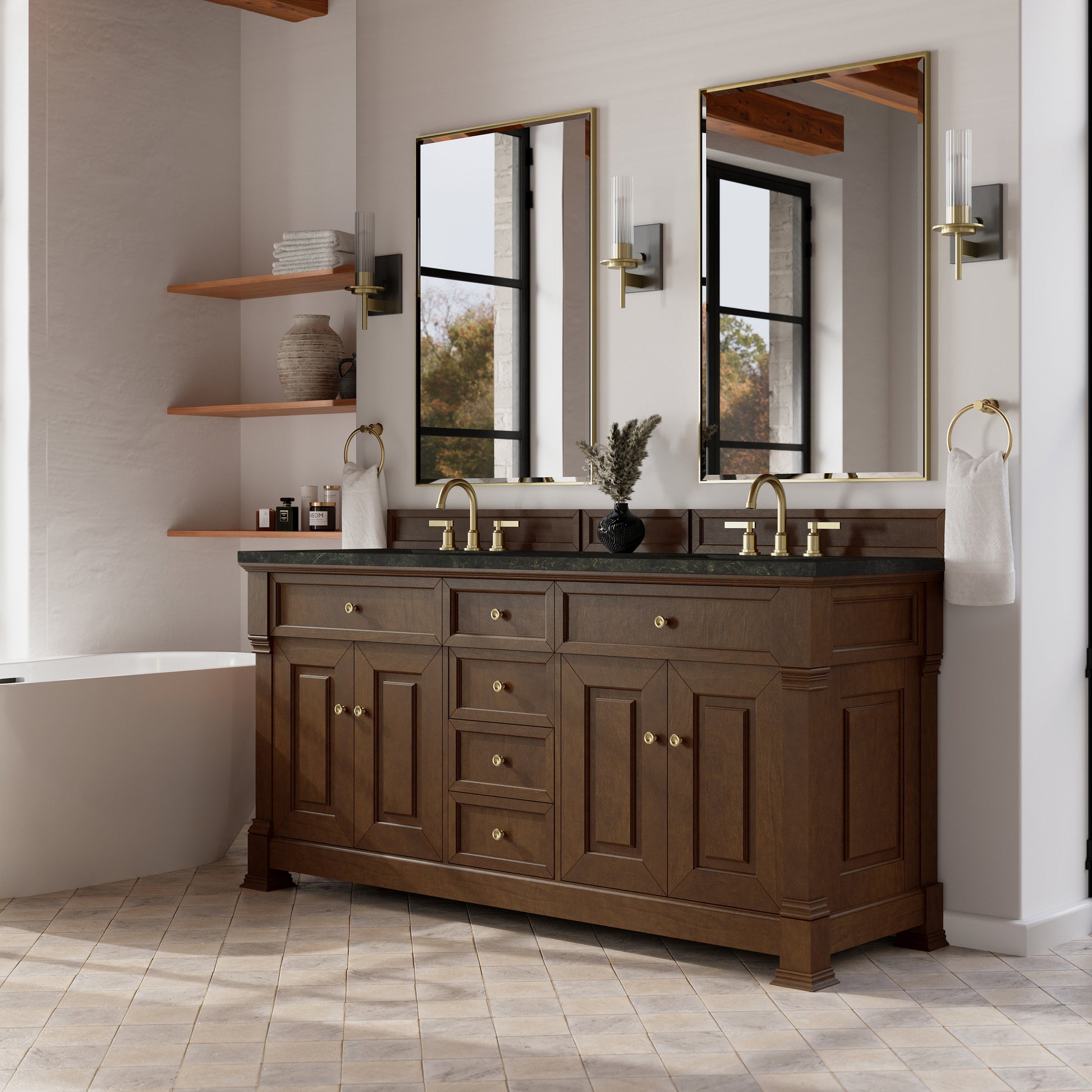 Renovate for Less Atlanta Brookfield 72" Double Vanity, Honey Oak, w/ 3 CM Phantome Eclos Top