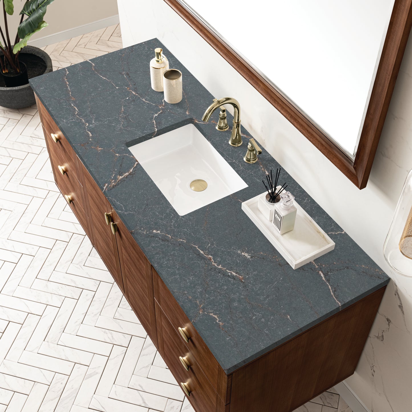 Renovate for Less Atlanta Amberly 60" Single Vanity, Mid-Century Walnut w/ 3 CM Parisien Bleu Top
