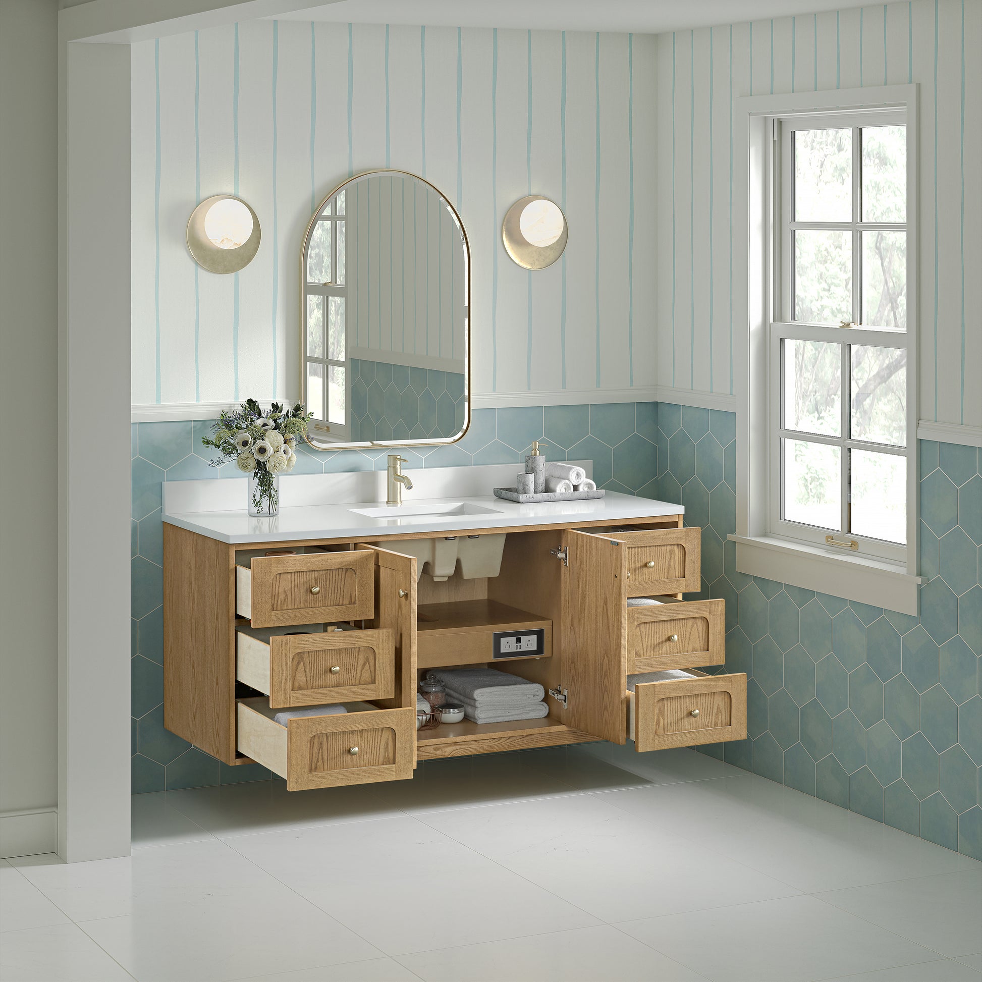 Renovate for Less Atlanta Laurent 60" Single Vanity, Light Natural Oak, w/ Single Hole 3 CM White Zeus Quartz Top & Backsplash