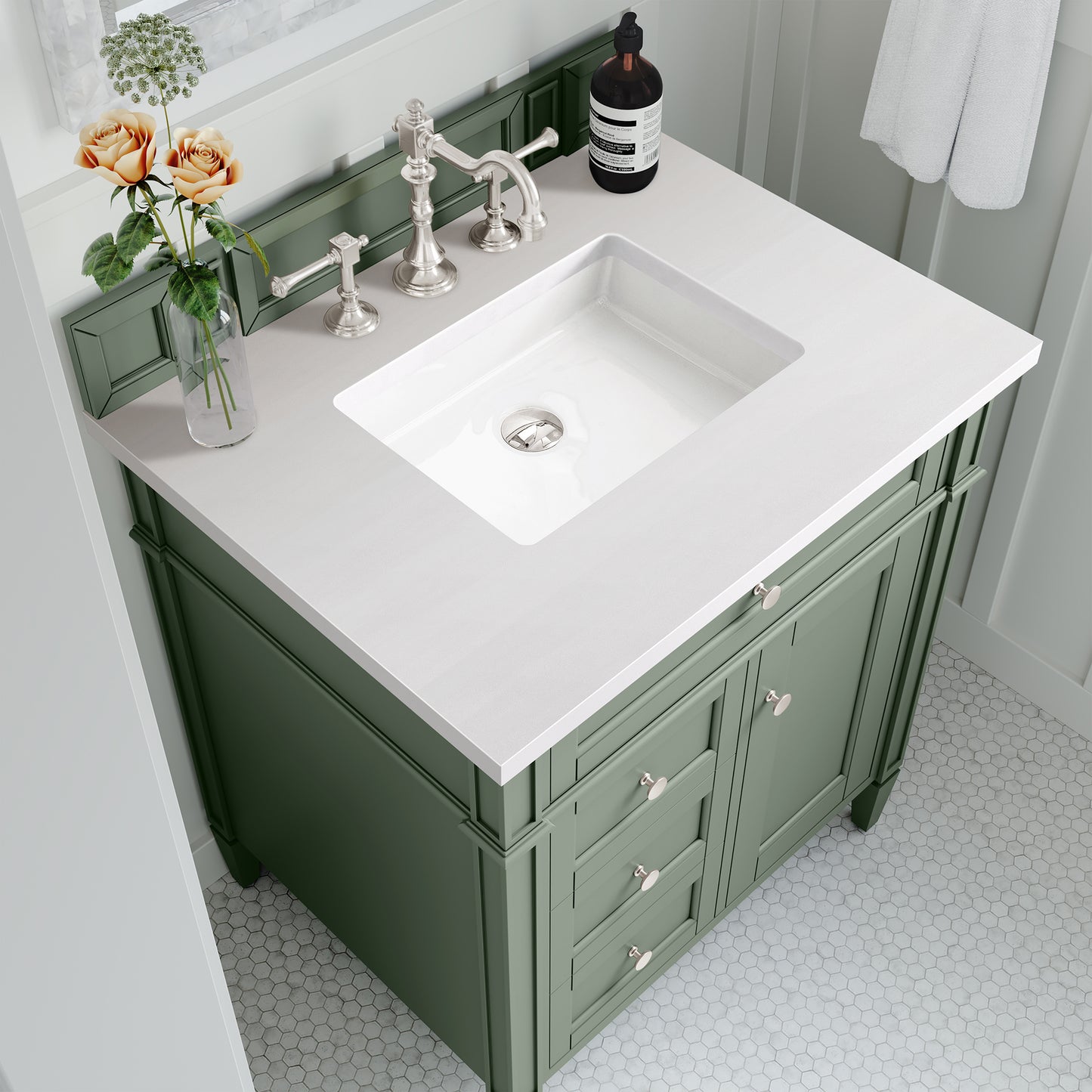 Renovate for Less Atlanta Brittany 30" Single Vanity, Smokey Celadon w/ 3 CM White Zeus Top