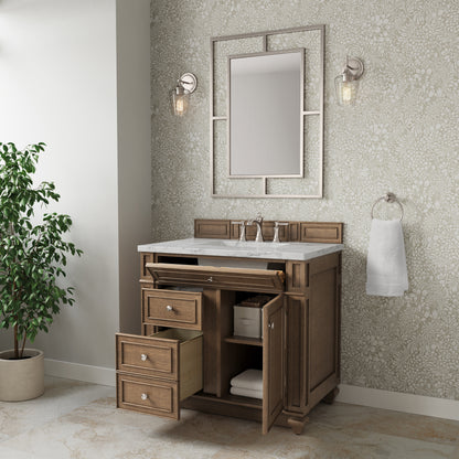 Renovate for Less Atlanta Bristol 36" Single Vanity, Saddle Brown w/ 3 CM Carrara Marble Top