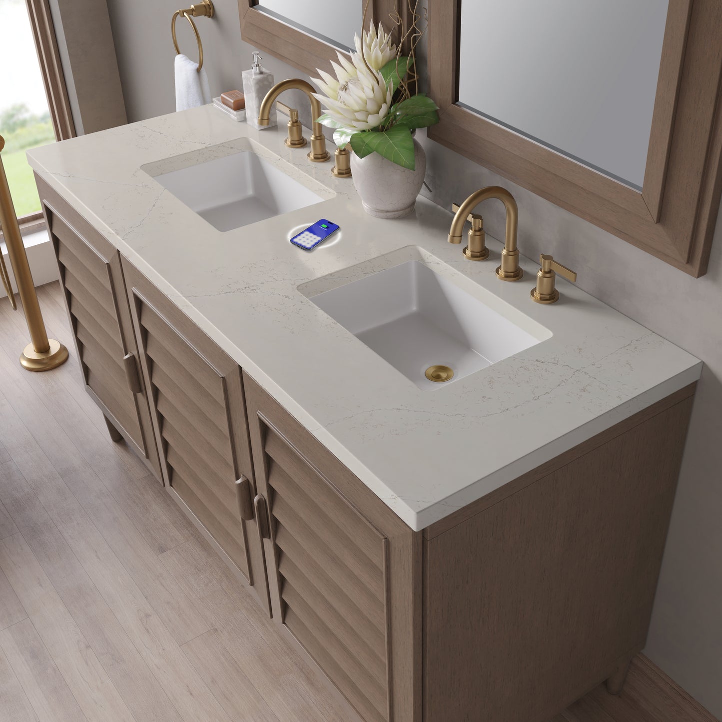 Renovate for Less Atlanta Portland 60" Double Vanity, Whitewashed Walnut, w/ 3 CM Siberian Silestone Top w/FreePower Wireless Charger