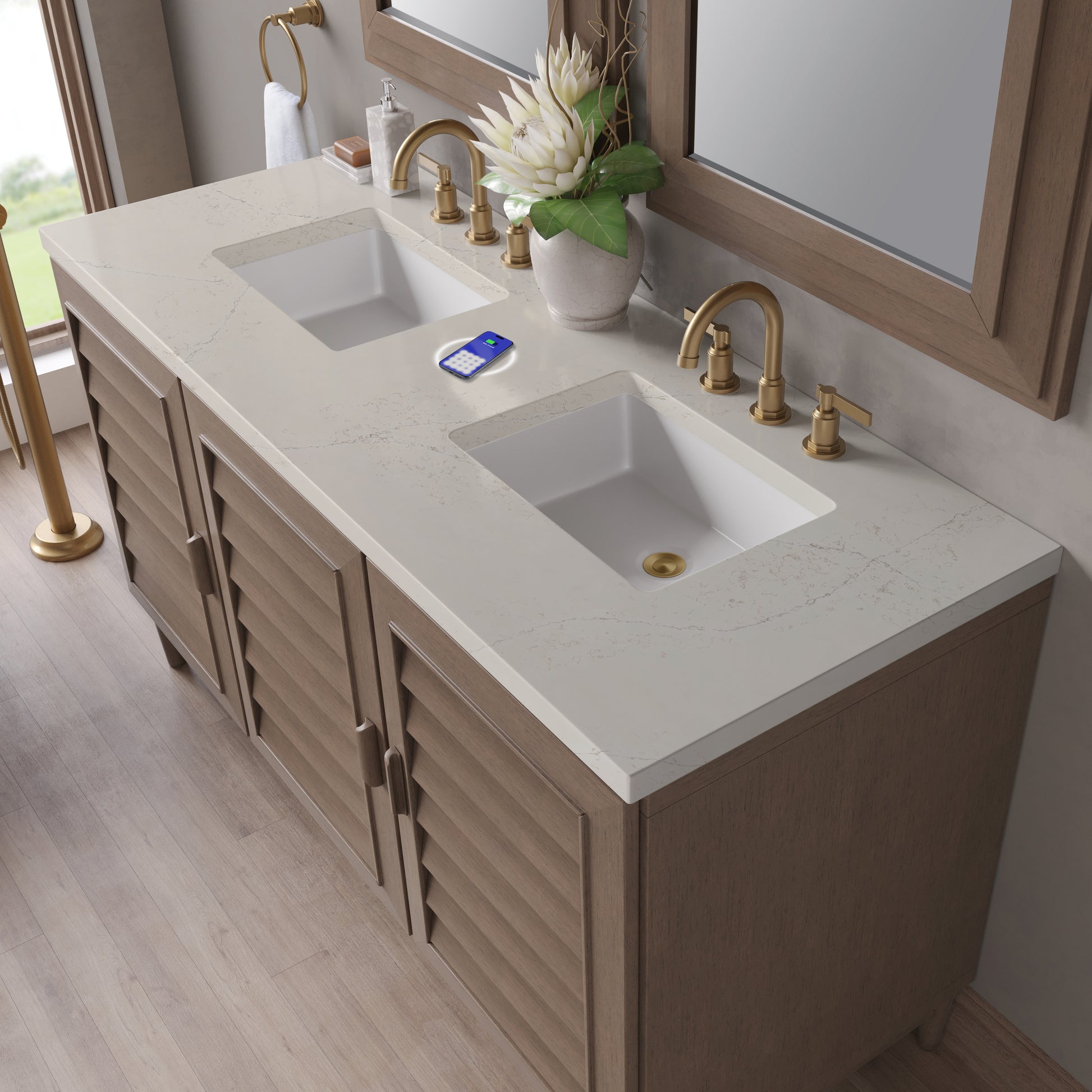 Renovate for Less Atlanta Portland 60" Double Vanity, Whitewashed Walnut, w/ 3 CM Siberian Silestone Top w/FreePower Wireless Charger