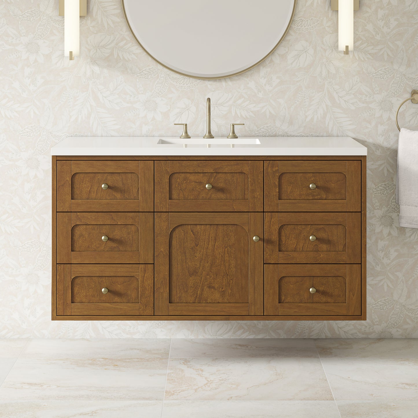 Renovate for Less Atlanta Laurent 48" Single Vanity, Honey Oak w/ 3 CM White Zeus Silestone Top