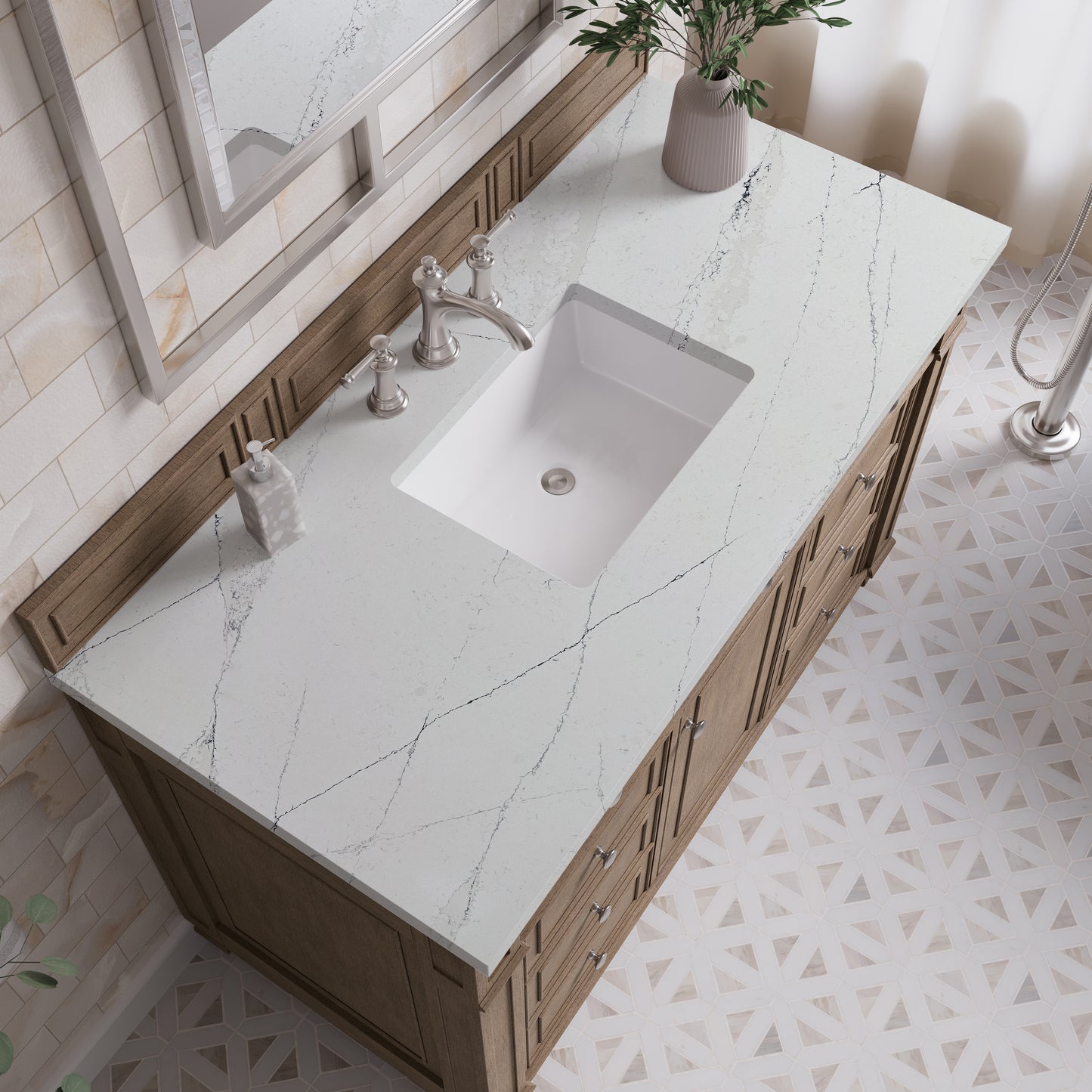 Renovate for Less Atlanta Bristol 48" Single Vanity, Whitewashed Walnut w/ 3 CM Ethereal Noctis Silestone Top