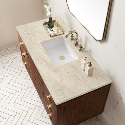 Renovate for Less Atlanta Amberly 48" Single Vanity, Mid-Century Walnut, w/ 3 CM Tajnar Eclos Top w/FreePower Wireless Charger