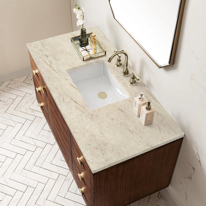 Amberly 48" Single Vanity, Mid-Century Walnut, w/ 3 CM Tajnar Eclos Top w/FreePower Wireless Charger