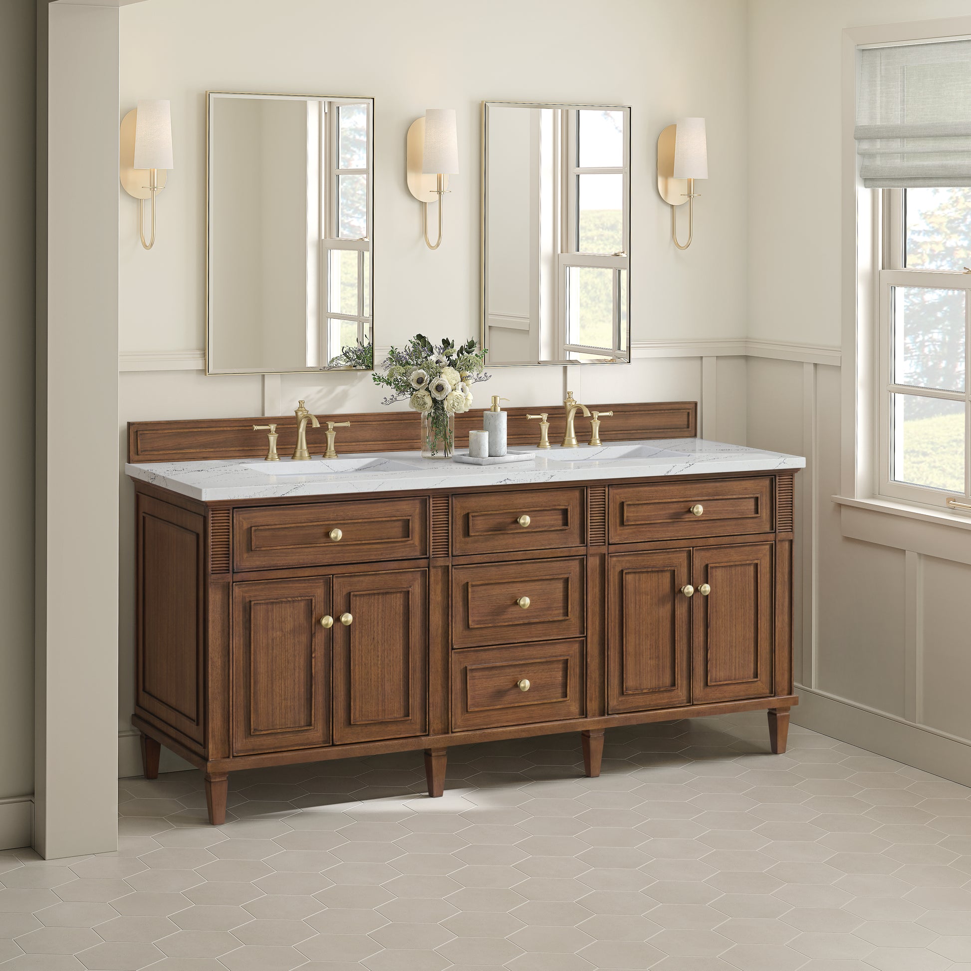 Renovate for Less Atlanta Lorelai 72"Double Vanity, Mid-Century Walnut w/ 3 CM Ethereal Noctis Silestone Top w/FreePower Wireless Charger