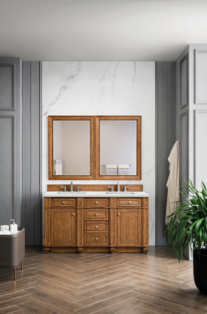 Renovate for Less Atlanta Bristol 60" Double Vanity, Saddle Brown w/ 3 CM Ethereal Noctis Silestone Top w/FreePower Wireless Charger