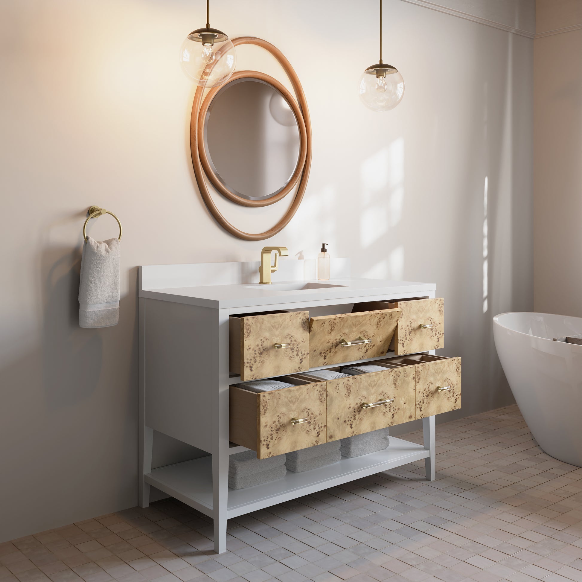 Renovate for Less Atlanta Olena 48" Single Vanity, Light Mappa Burl and Polished White w/ Single Hole 3 CM White Zeus Silestone Top & Backsplash