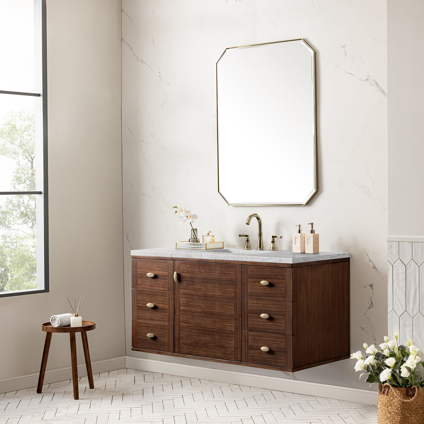 Renovate for Less Atlanta Amberly 48" Single Vanity, Mid-Century Walnut w/ 3 CM Eternal Jasmine Pearl Top