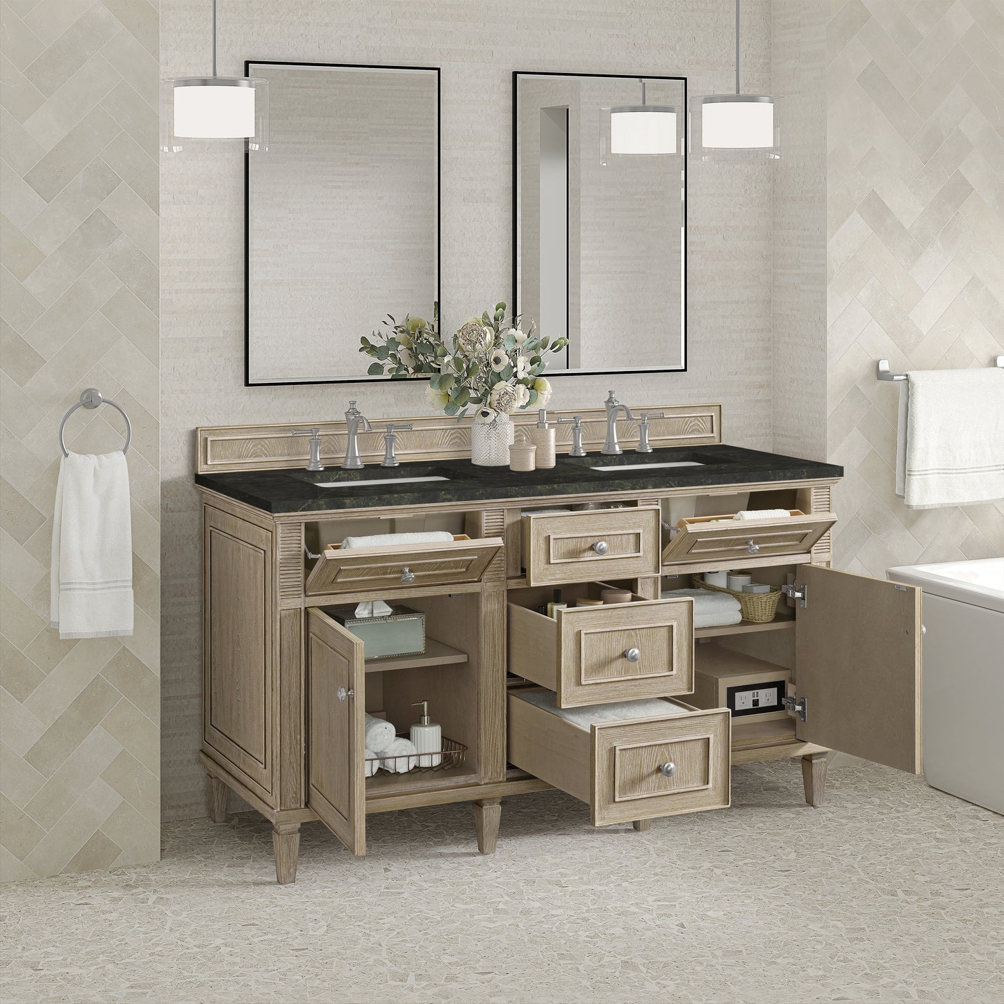 Renovate for Less Atlanta Lorelai 60" Double Vanity, Whitewashed Oak, w/ 3 CM Phantome Eclos Top
