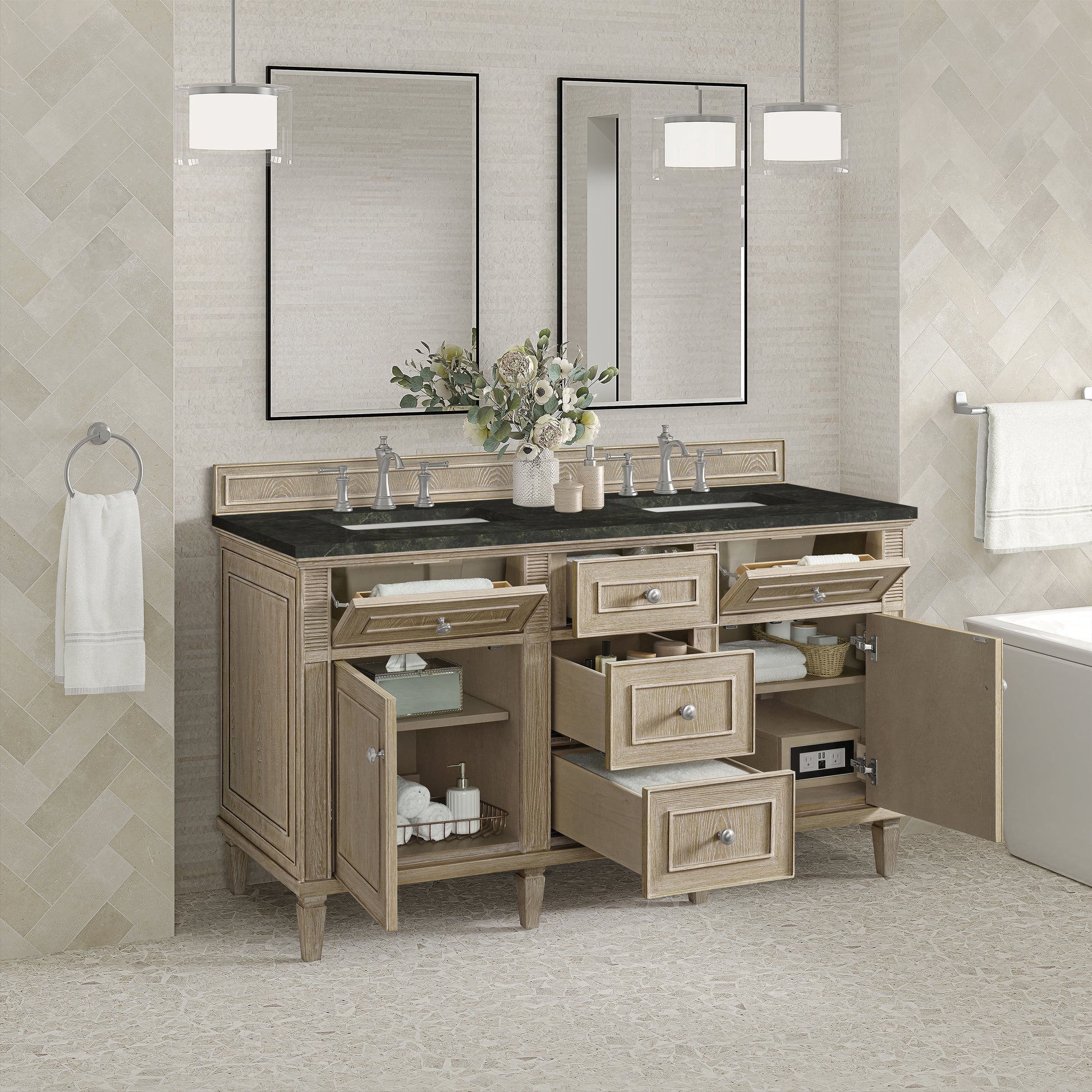 Renovate for Less Atlanta Lorelai 60" Double Vanity, Whitewashed Oak, w/ 3 CM Phantome Eclos Top