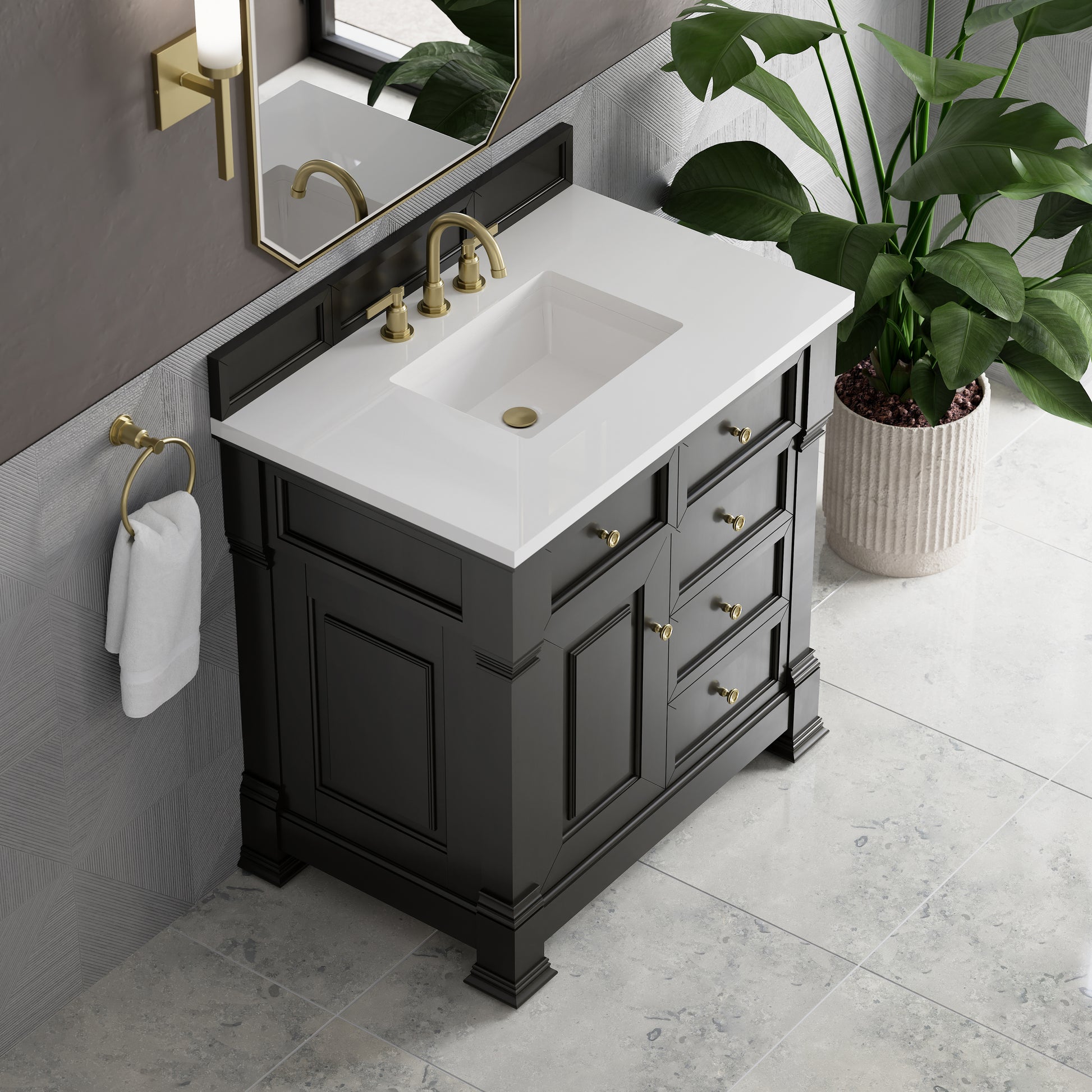 Renovate for Less Atlanta Brookfield 36" Single Vanity, Black Onyx,  w/ 3 CM White Zeus Silestone Top