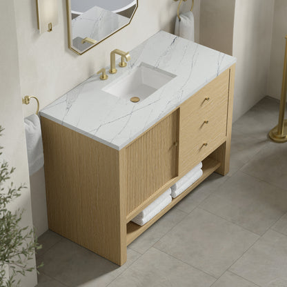 Renovate for Less Atlanta Marigot 48" Single Vanity, Sunwashed Oak w/ 3 CM Ethereal Noctis Silestone Top w/ FreePower Wireless Charger