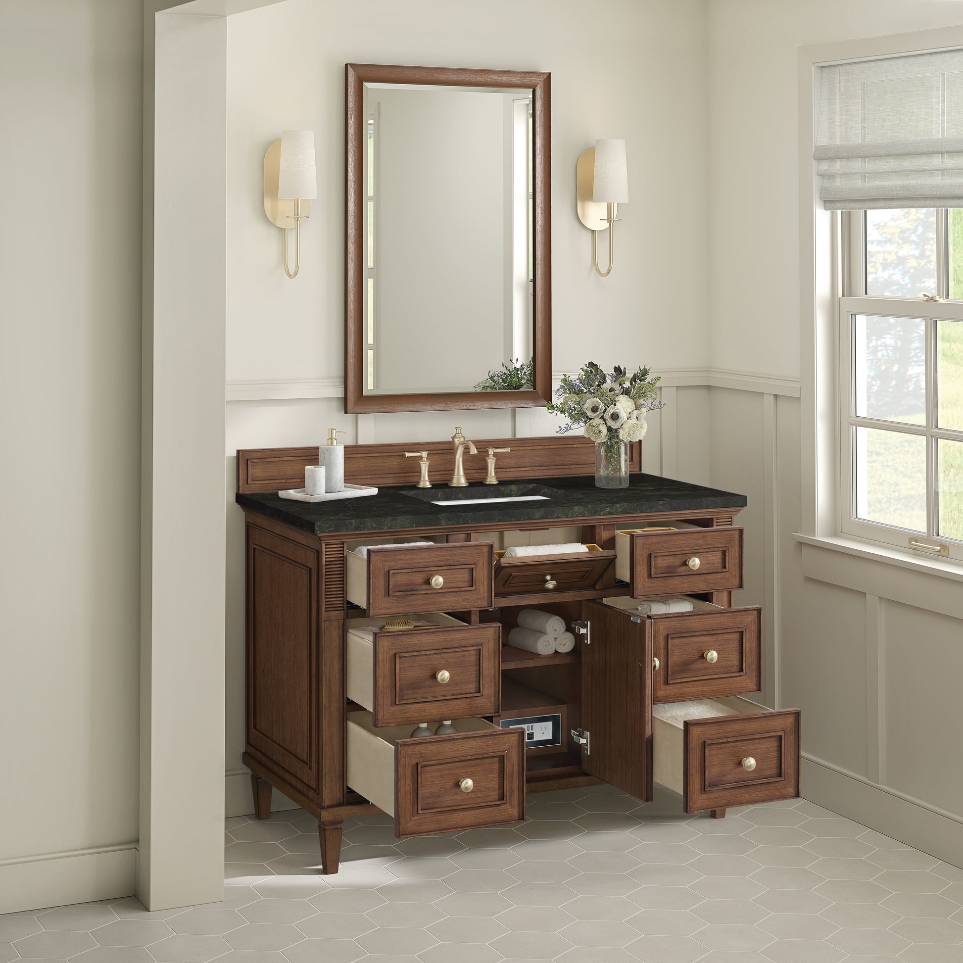 Renovate for Less Atlanta Lorelai 48" Single Vanity, Mid-Century Walnut, w/ 3 CM Phantome Eclos Top