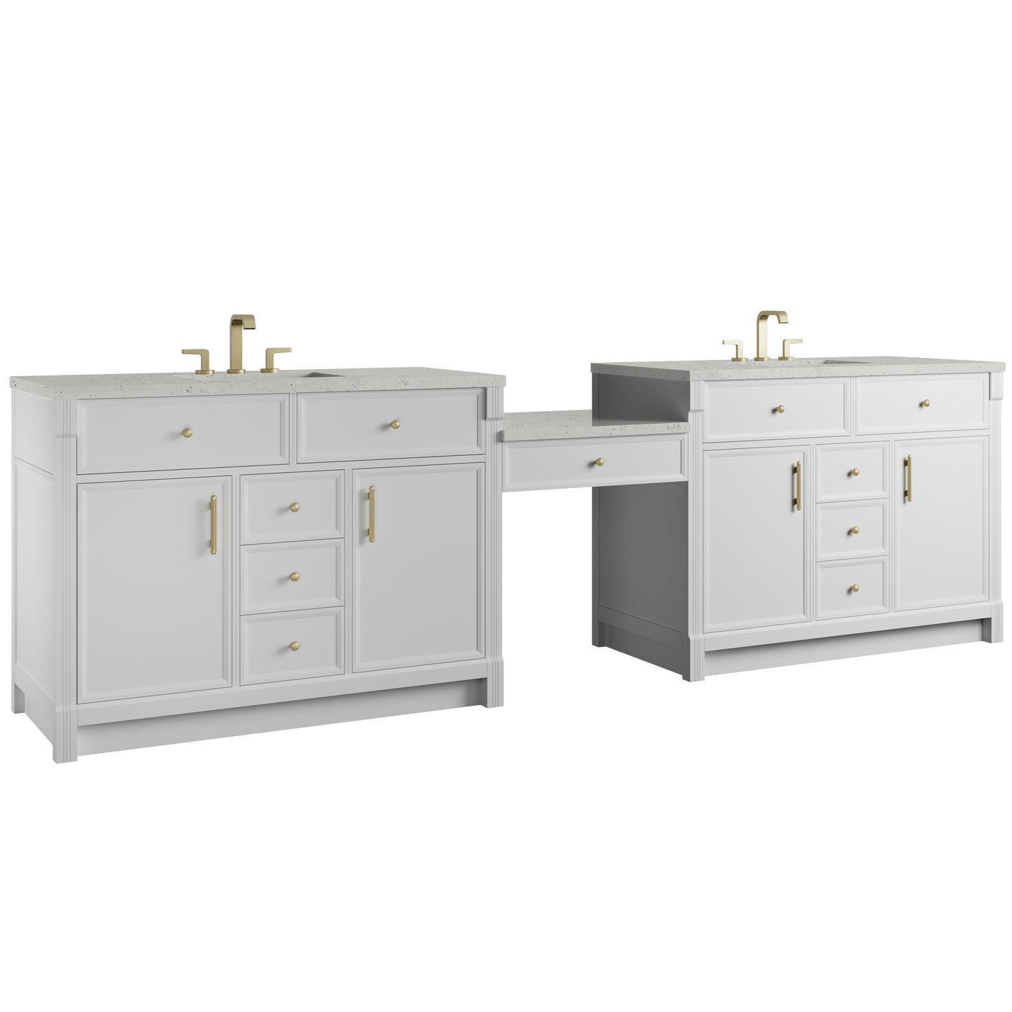 Renovate for Less Atlanta Bellshire 120" Dual Vanity Set with 24" Make-Up Counter, Bright White w/3 cm Lime Delight Silestone Top