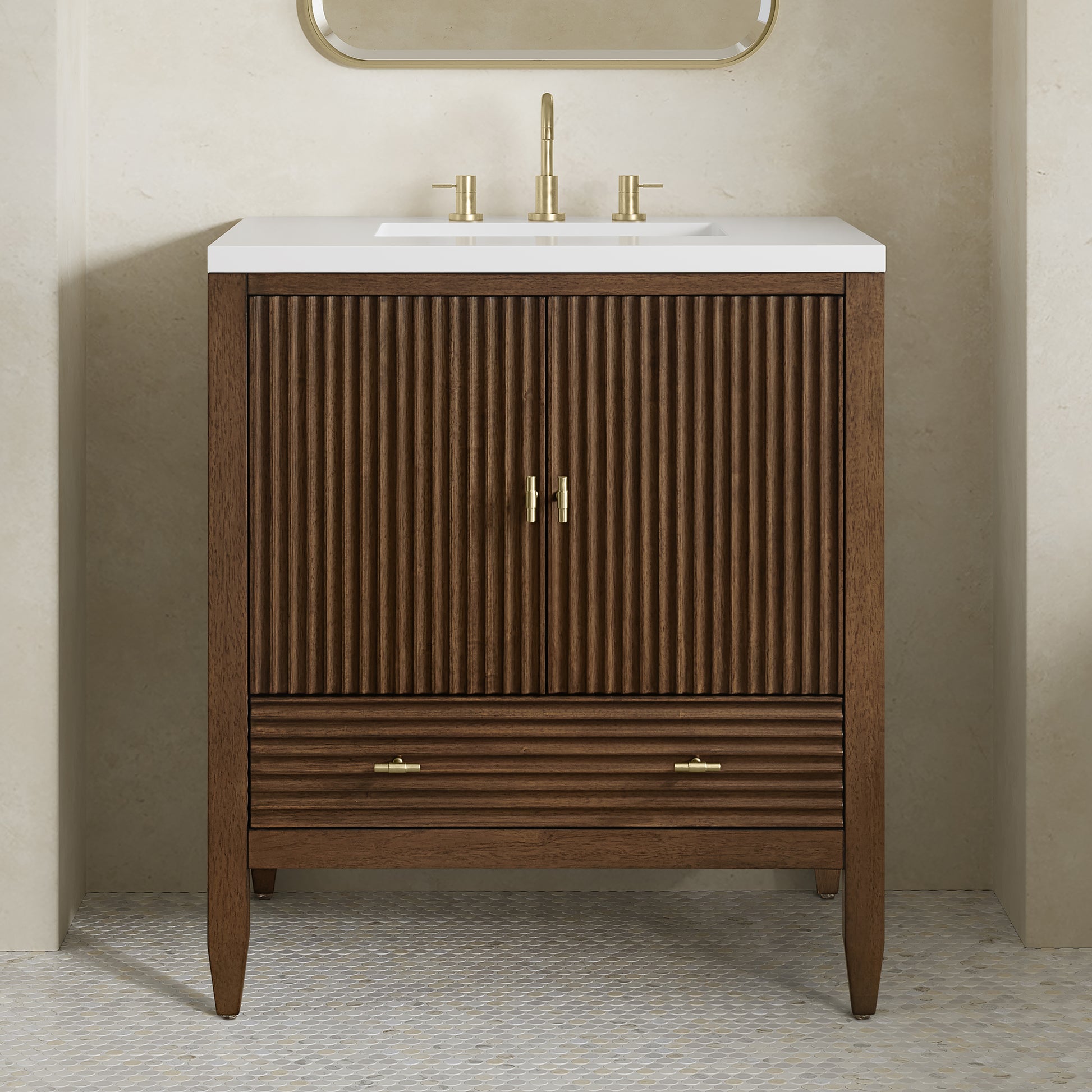 Renovate for Less Atlanta Myrrin 30" Single Vanity, Mid-Century Walnut w/ 3 CM White Zeus Silestone Top