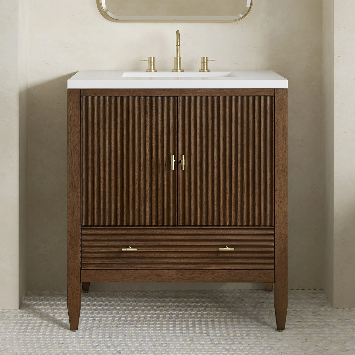 Myrrin 30" Single Vanity, Mid-Century Walnut w/ 3 CM White Zeus Silestone Top