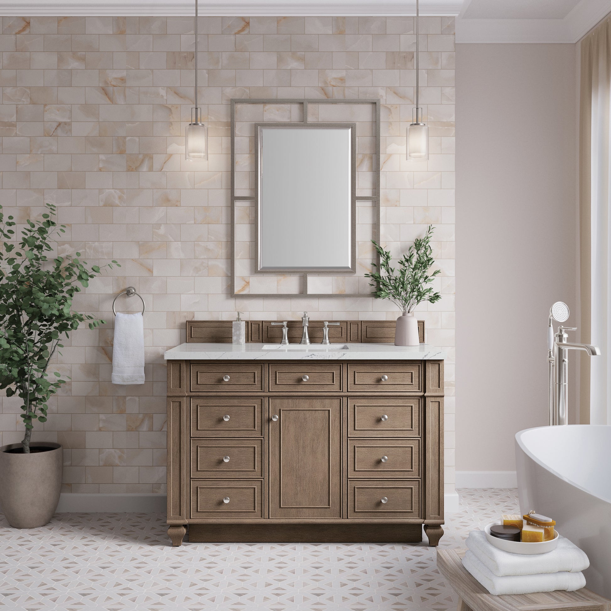 Renovate for Less Atlanta Bristol 48" Single Vanity, Whitewashed Walnut w/ 3 CM Ethereal Noctis Silestone Top