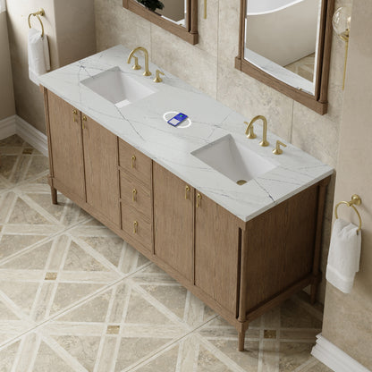 Renovate for Less Atlanta Kinnsden 72" Double Vanity, Weathered Oak w/ 3 CM Ethereal Noctis Silestone Top w/FreePower Wireless Charger