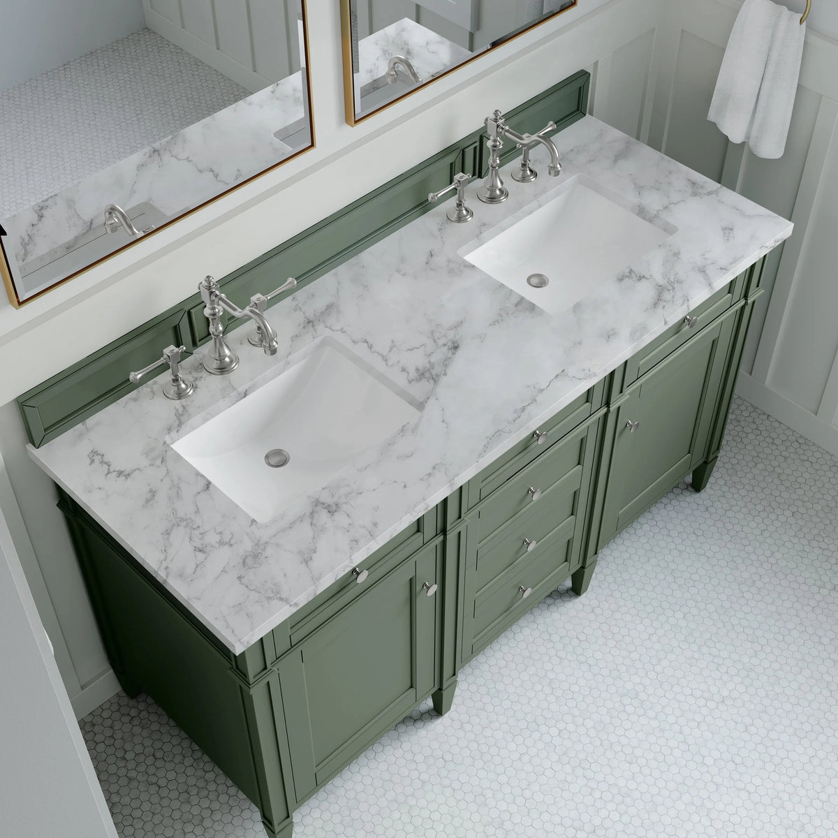 Brittany 60" Double Vanity, Smokey Celadon w/ 3 CM Carrara Marble Top