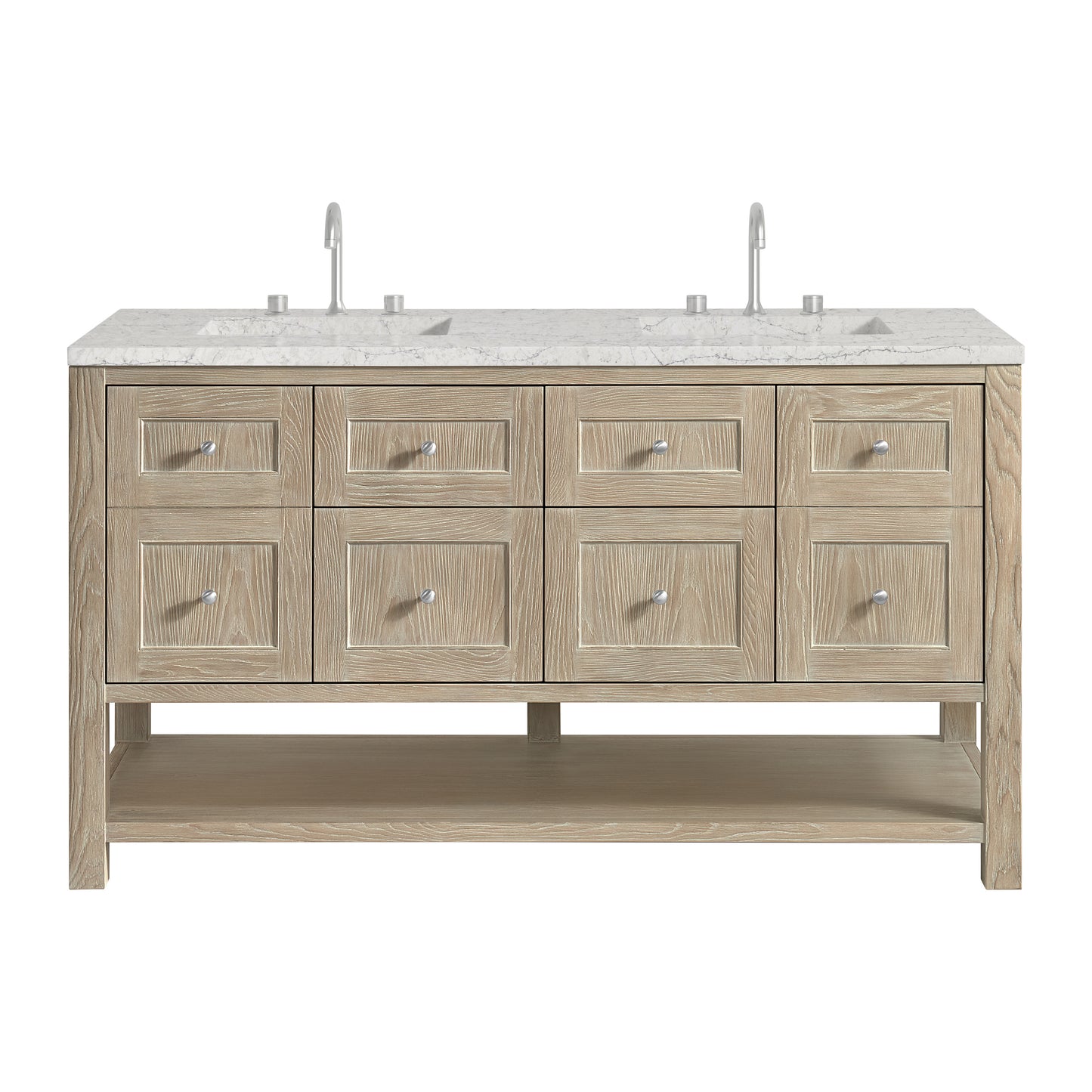 Renovate for Less Atlanta Breckenridge 60" Double Vanity, Whitewashed Oak, w/ 3 CM Eternal Jasmine Pearl Quartz Top