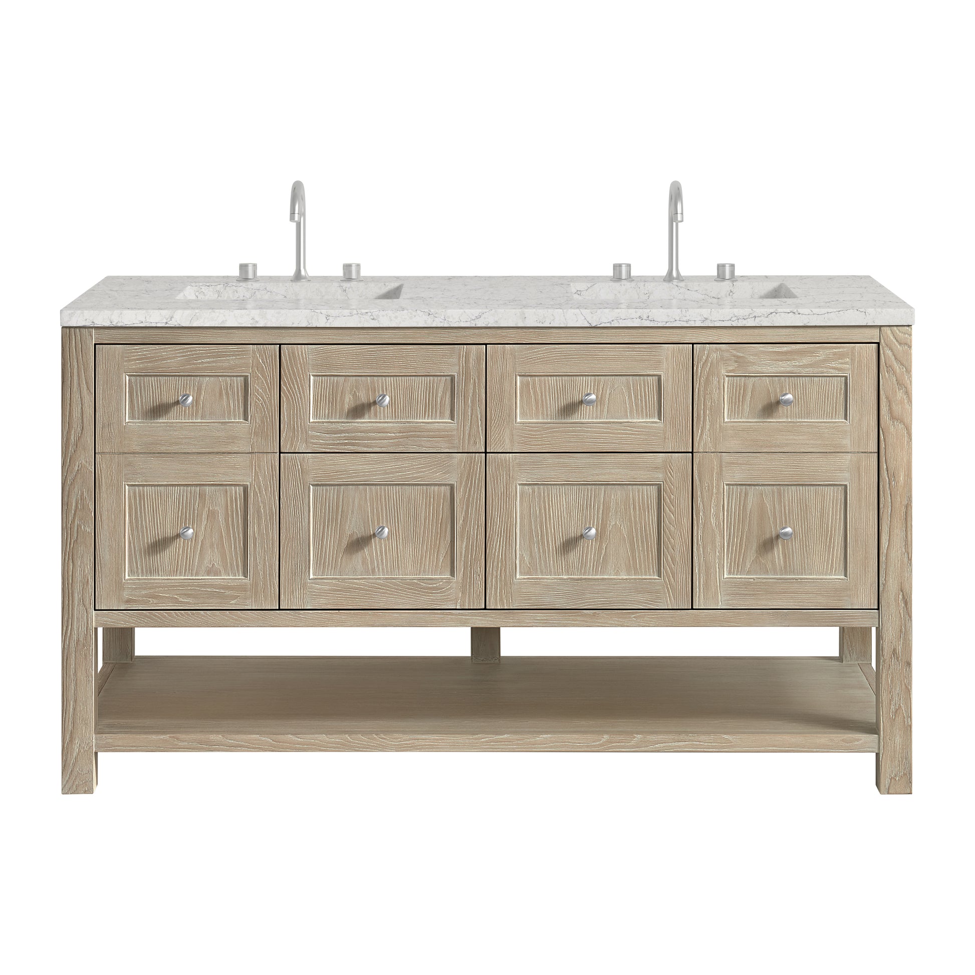 Renovate for Less Atlanta Breckenridge 60" Double Vanity, Whitewashed Oak, w/ 3 CM Eternal Jasmine Pearl Quartz Top