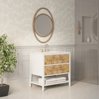 Renovate for Less Atlanta Olena 36" Single Vanity, Light Mappa Burl and Polished White w/ 3 CM White Zeus Silestone Top