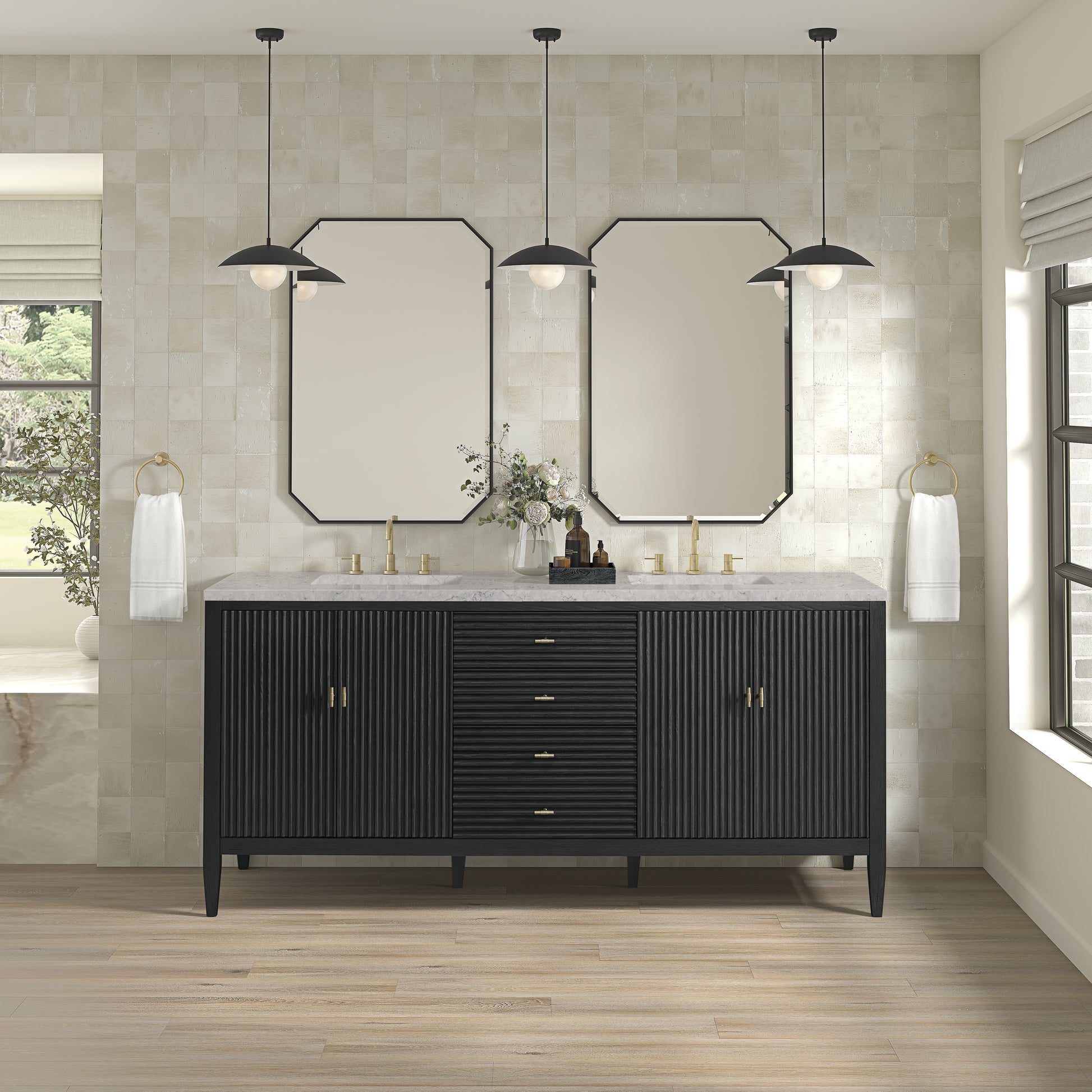 Renovate for Less Atlanta Myrrin 72" Double Vanity, Carbon Oak w/ 3 CM Eternal Jasmine Pearl Silestone Top w/FreePower Wireless Charger