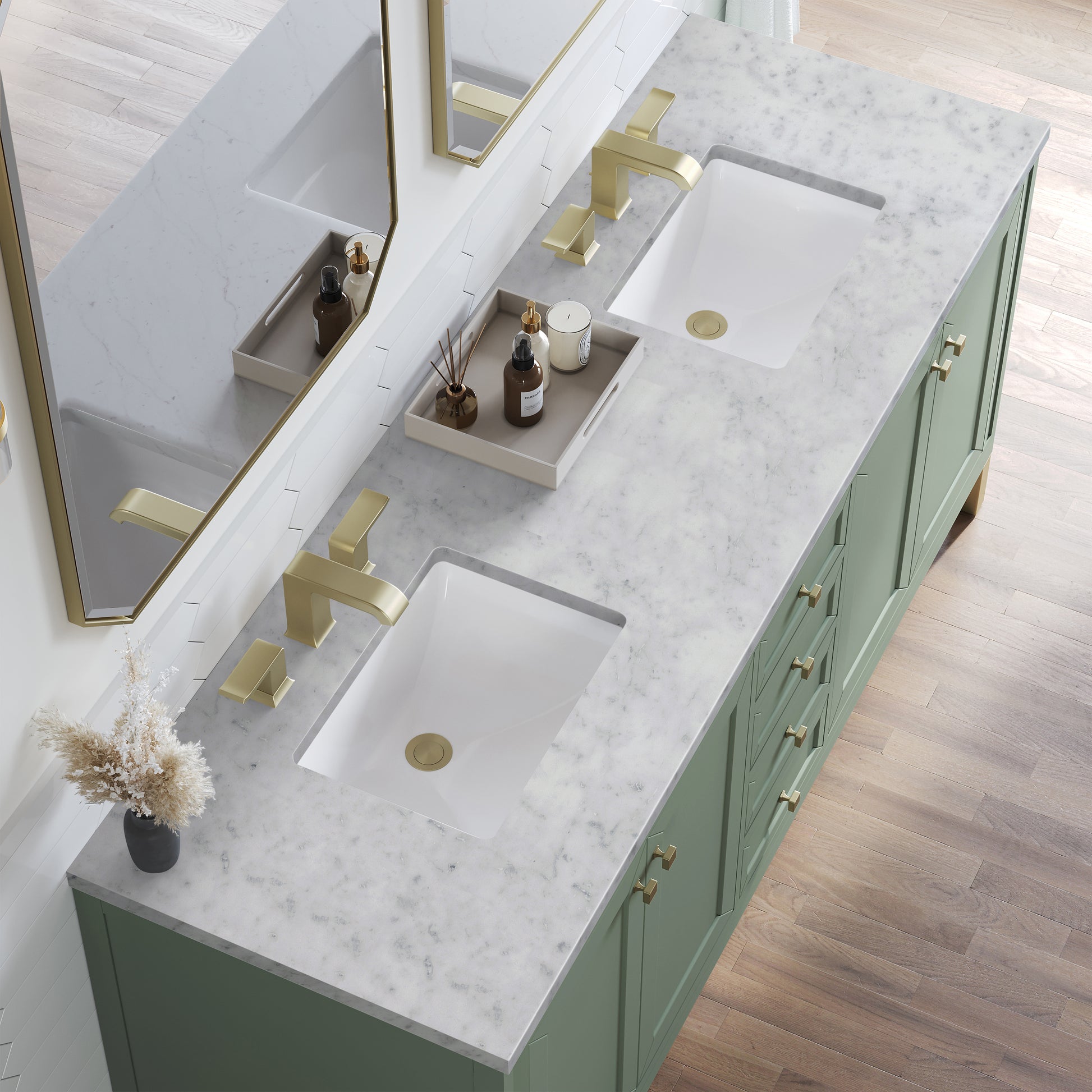 Renovate for Less Atlanta Chicago 72" Double Vanity, Smokey Celadon, w/ 3 CM Carrara Marble Top
