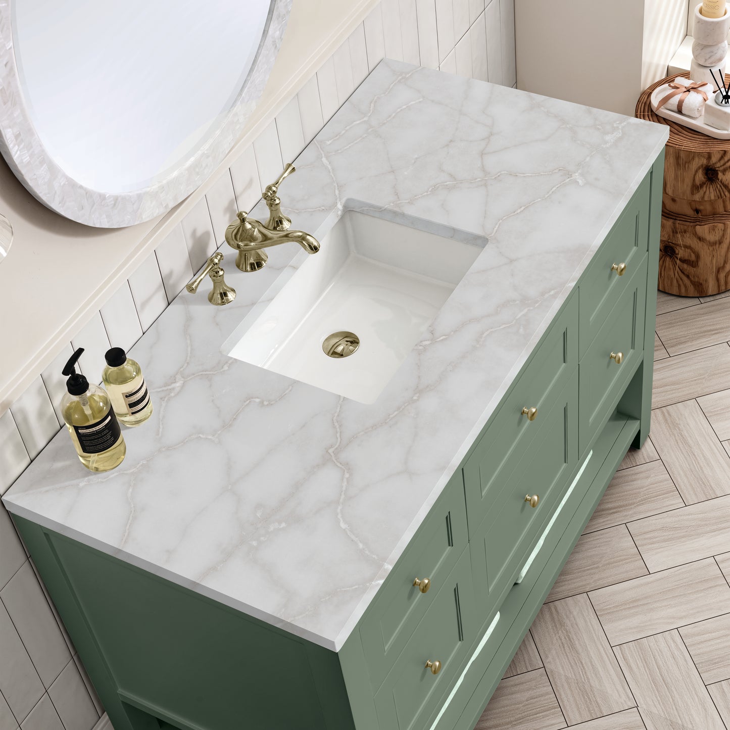 Renovate for Less Atlanta Breckenridge 48" Single Vanity, Smokey Celadon w/ 3 CM Victorian Silver Top