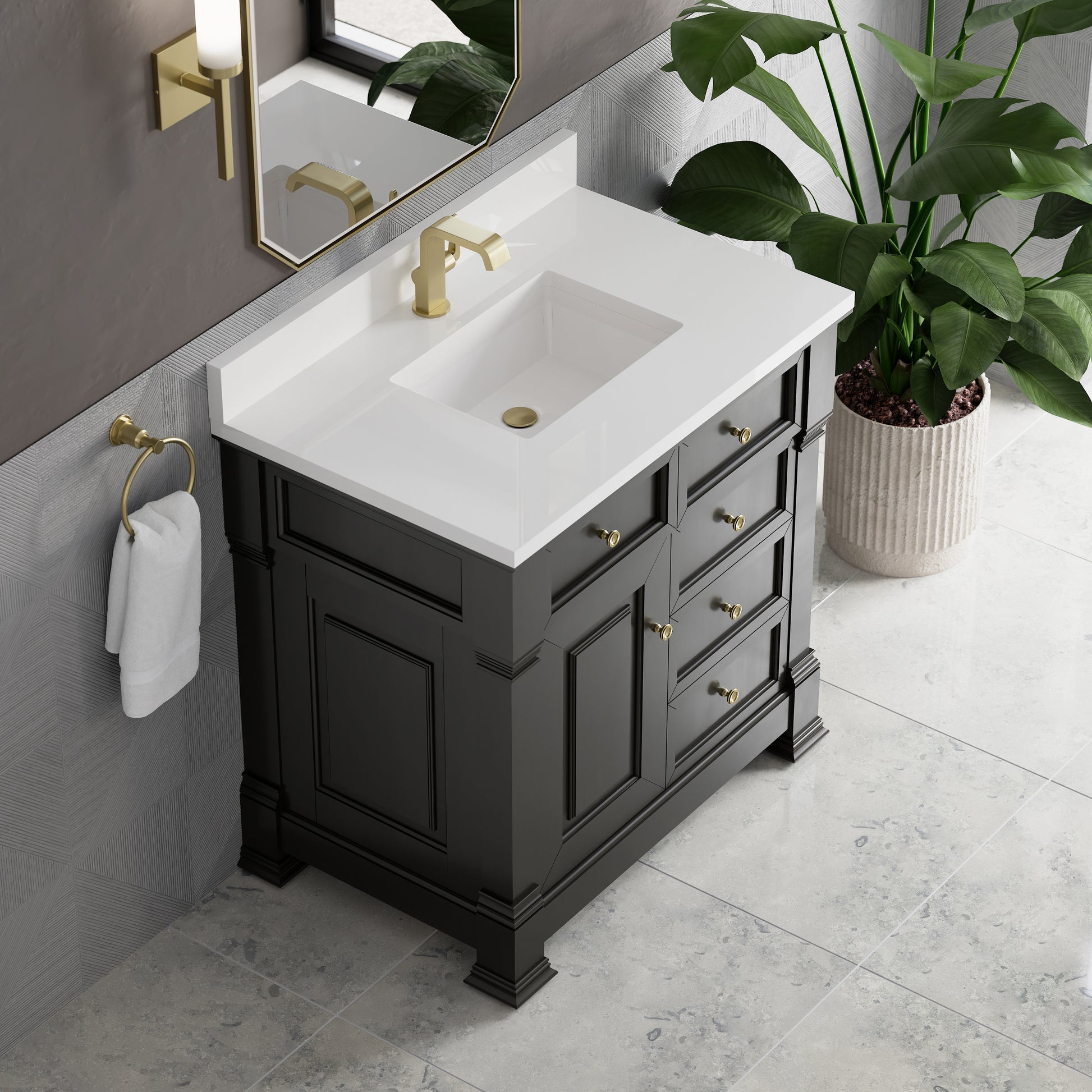 Renovate for Less Atlanta Brookfield 36" Single Vanity, Black Onyx w/ Single Hole 3 CM White Zeus Silestone Top & Backsplash