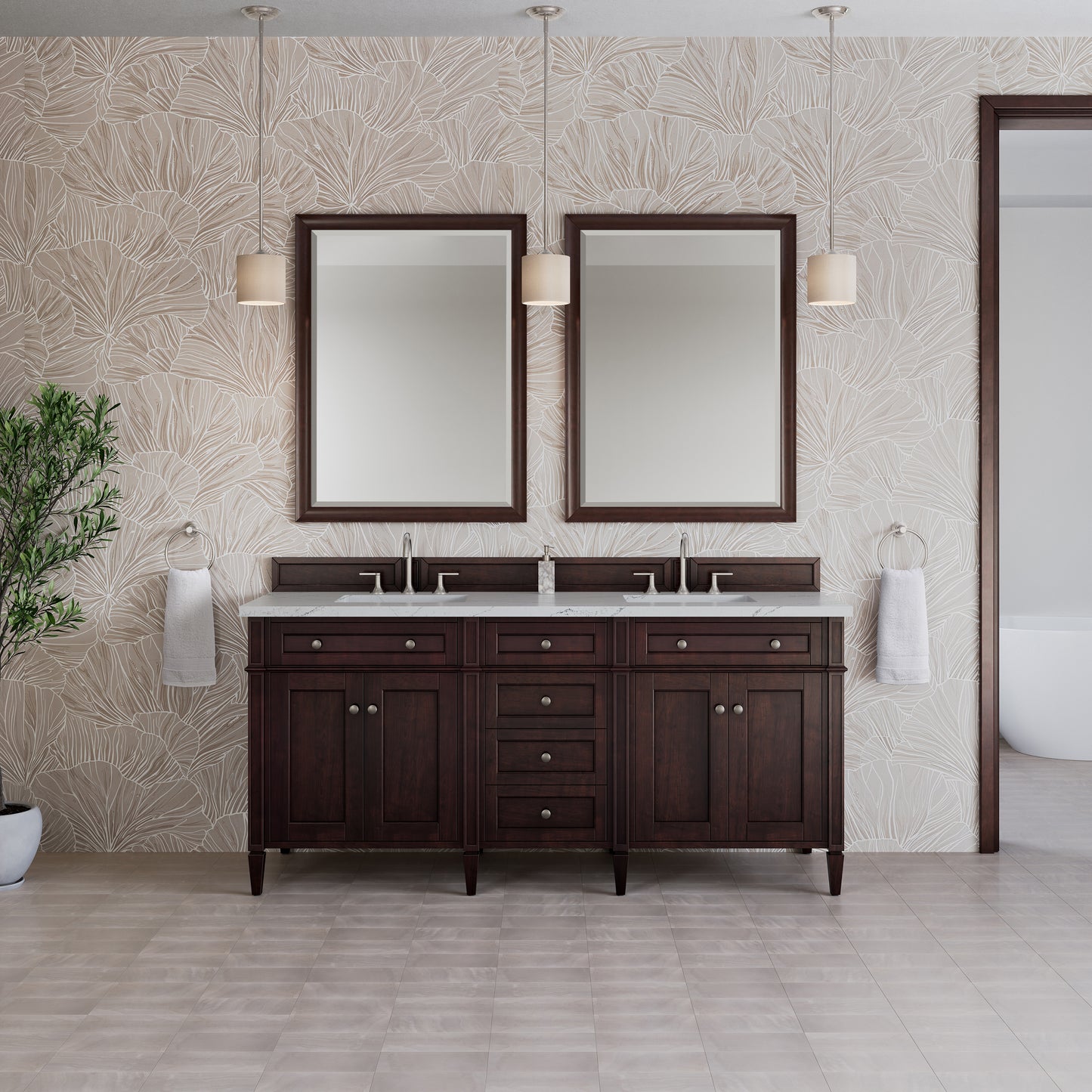 Renovate for Less Atlanta Brittany 72" Double Vanity, Burnished Mahogany w/ 3 CM Ethereal Noctis Silestone Top