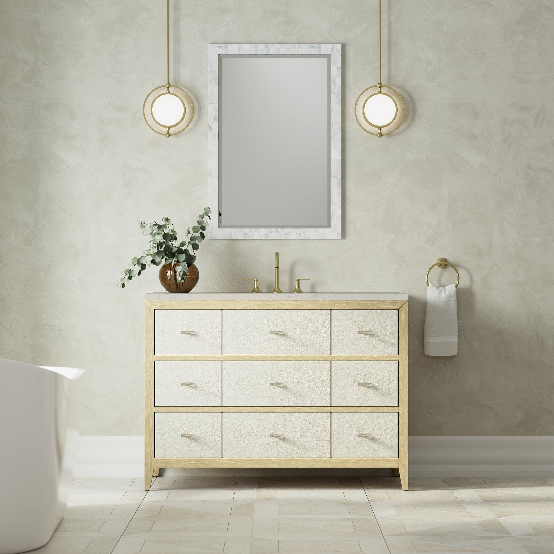 Renovate for Less Atlanta Celeste 48" Single Vanity, Sunwashed Oak with Embossed Shagreen, w/ 3 CM Siberian Silestone Top w/FreePower Wireless Charger