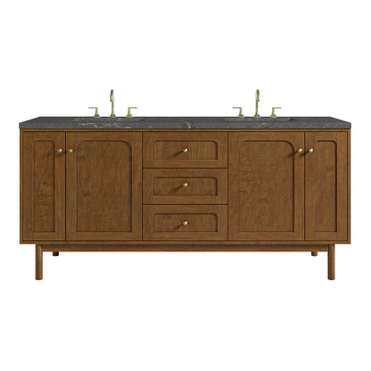 Renovate for Less Atlanta Laurent 72" Double Vanity, Honey Oak w/ 3 CM Parisien Bleu Silestone Top w/FreePower Wireless Charger