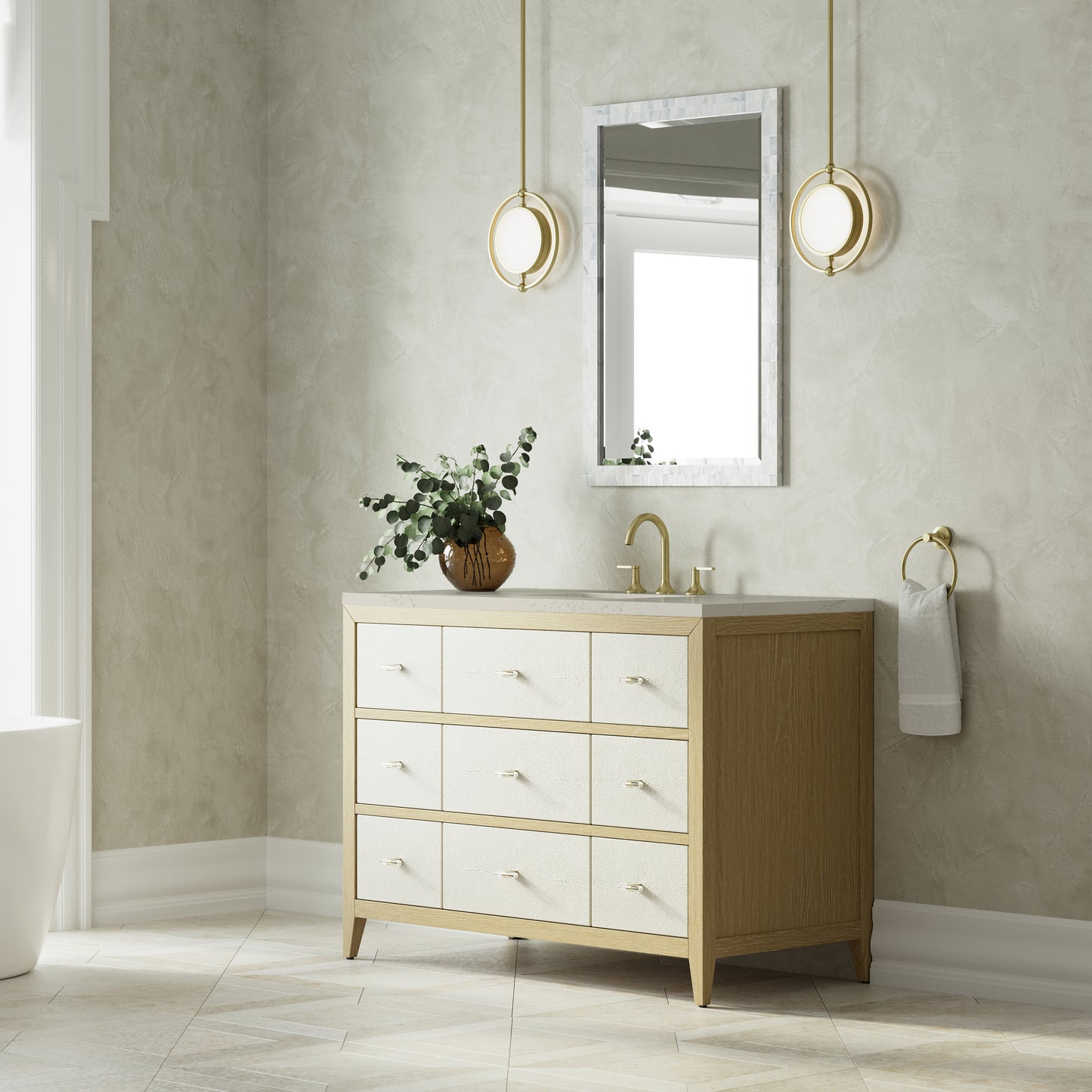 Renovate for Less Atlanta Celeste 48" Single Vanity, Sunwashed Oak with Embossed Shagreen, w/ 3 CM Siberian Silestone Top w/FreePower Wireless Charger