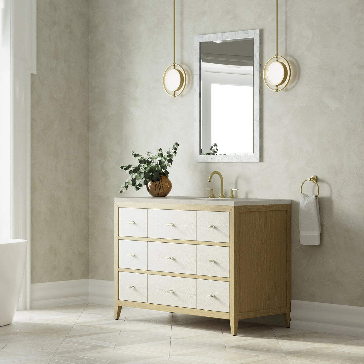 Celeste 48" Single Vanity, Sunwashed Oak with Embossed Shagreen, w/ 3 CM Siberian Silestone Top