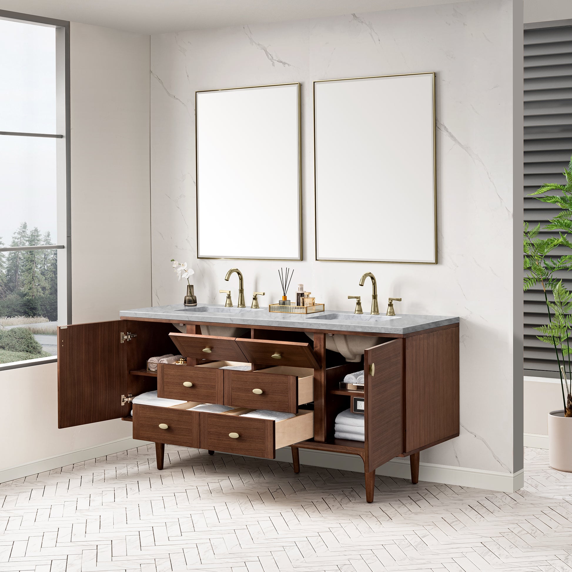 Renovate for Less Atlanta Amberly 72" Double Vanity, Mid-Century Walnut w/ 3 CM Carrara Marble Top