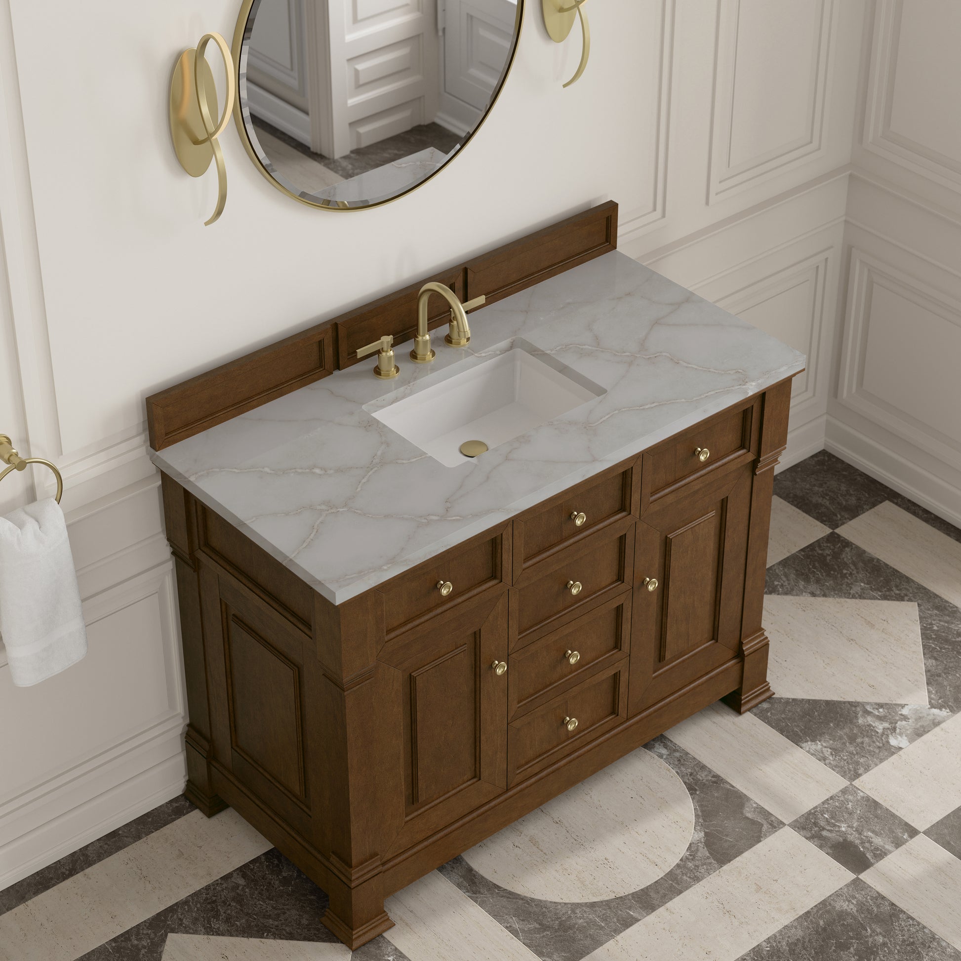 Renovate for Less Atlanta Brookfield 48" Single Vanity, Honey Oak w/ 3 CM Victorian Silver Silestone Top w/ FreePower Wireless Charger